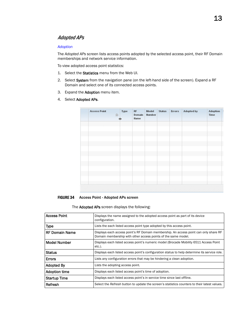 Adopted aps | Brocade Mobility Access Point System Reference Guide (Supporting software release 5.5.0.0 and later) User Manual | Page 767 / 854