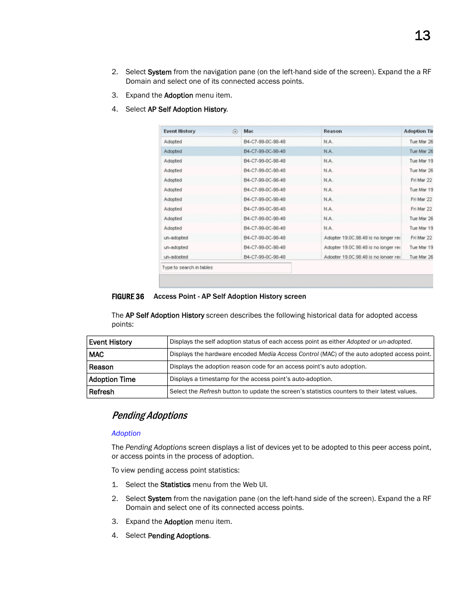 Pending adoptions | Brocade Mobility Access Point System Reference Guide (Supporting software release 5.5.0.0 and later) User Manual | Page 769 / 854