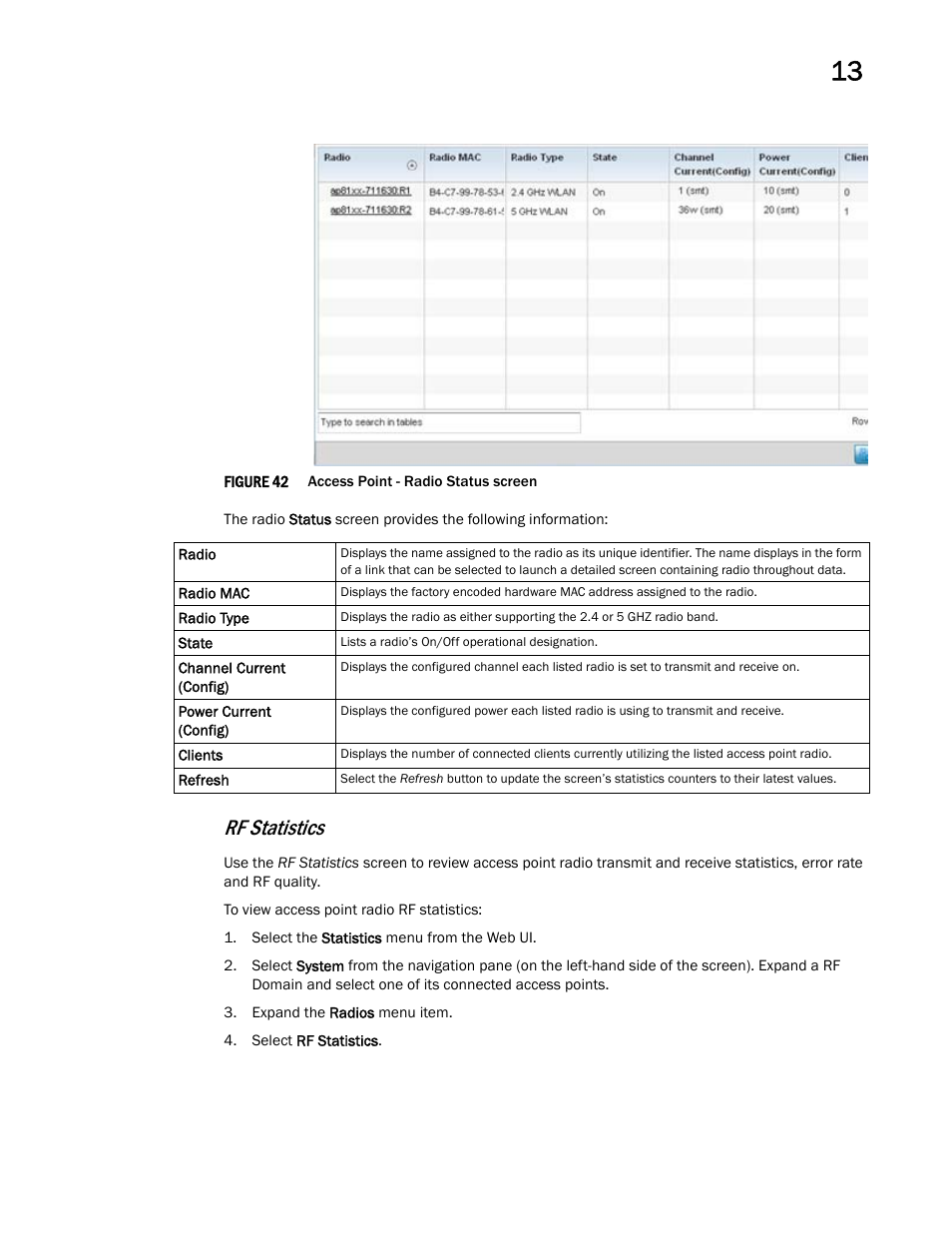 Rf statistics | Brocade Mobility Access Point System Reference Guide (Supporting software release 5.5.0.0 and later) User Manual | Page 777 / 854