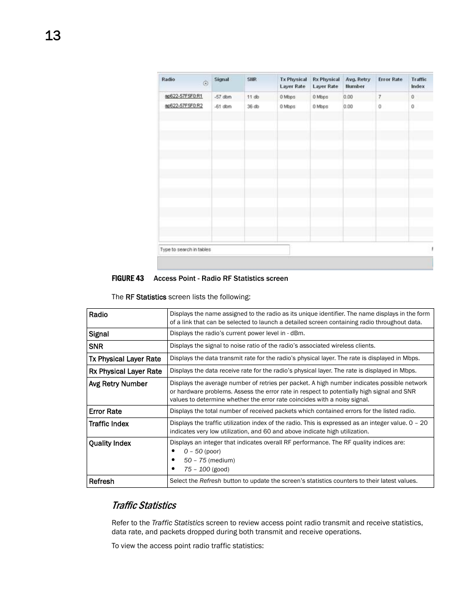 Traffic statistics | Brocade Mobility Access Point System Reference Guide (Supporting software release 5.5.0.0 and later) User Manual | Page 778 / 854