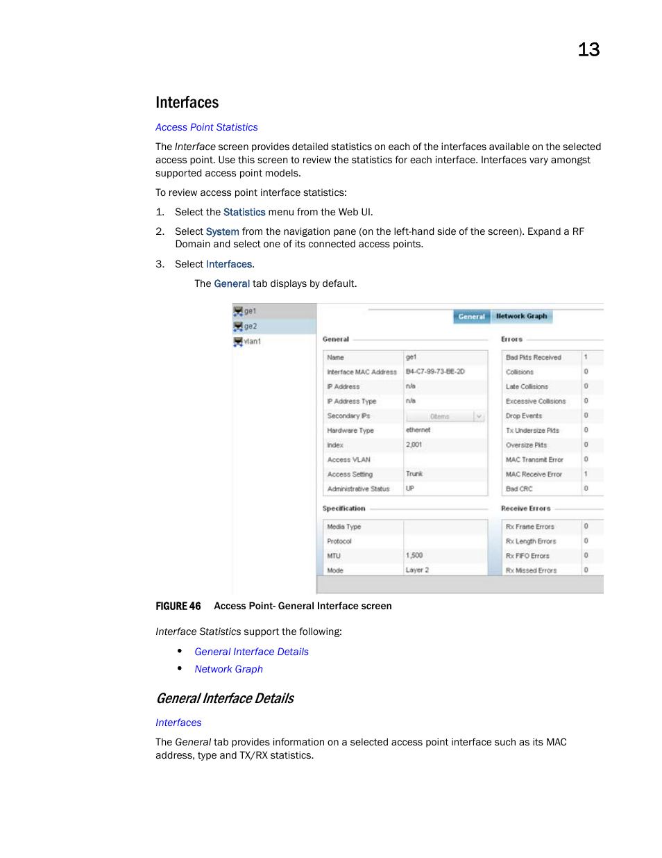 Interfaces, General interface details | Brocade Mobility Access Point System Reference Guide (Supporting software release 5.5.0.0 and later) User Manual | Page 781 / 854