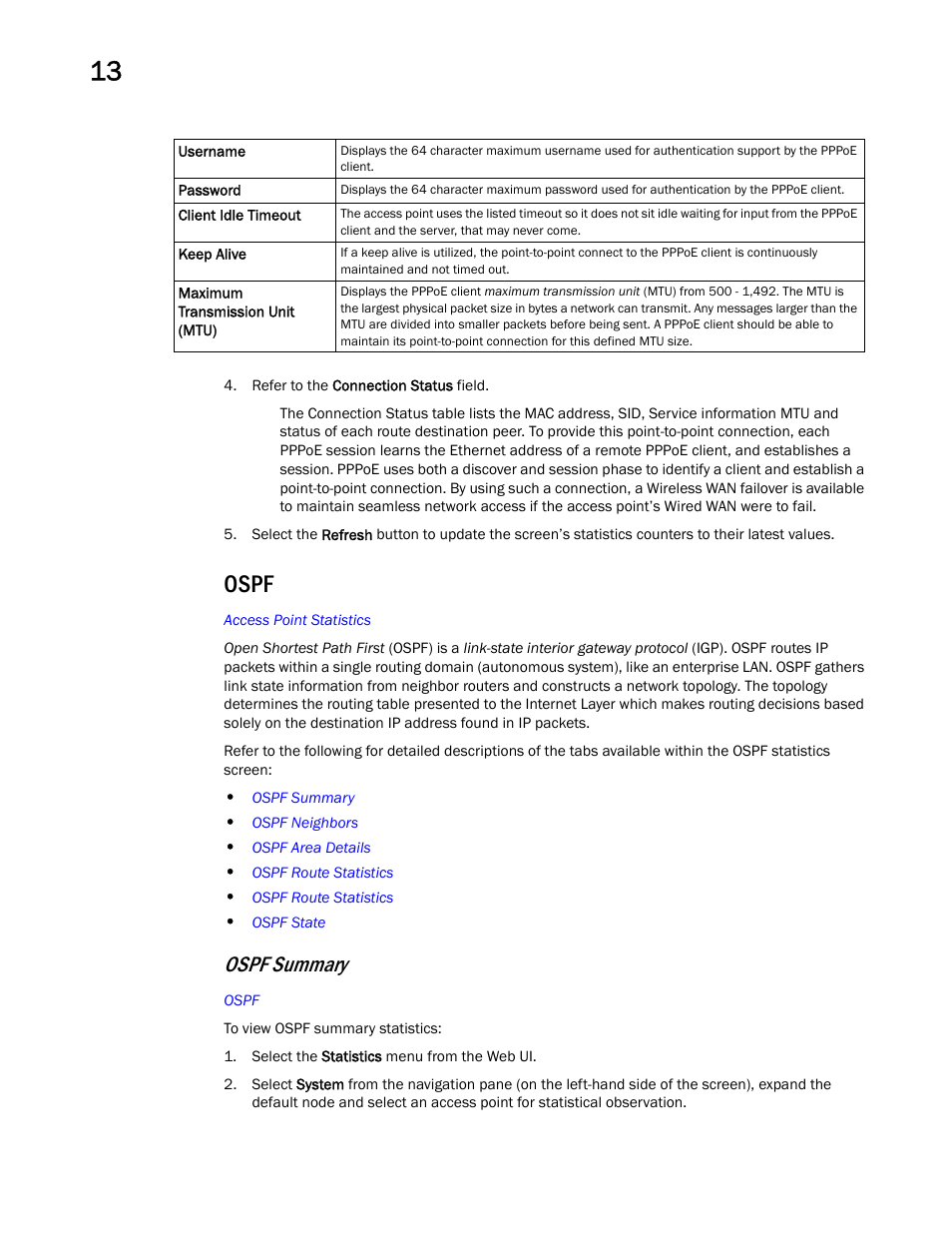 Ospf, Ospf summary | Brocade Mobility Access Point System Reference Guide (Supporting software release 5.5.0.0 and later) User Manual | Page 788 / 854