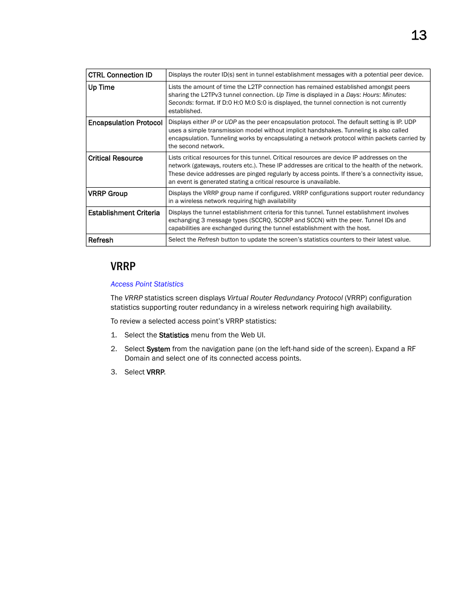 Vrrp | Brocade Mobility Access Point System Reference Guide (Supporting software release 5.5.0.0 and later) User Manual | Page 799 / 854