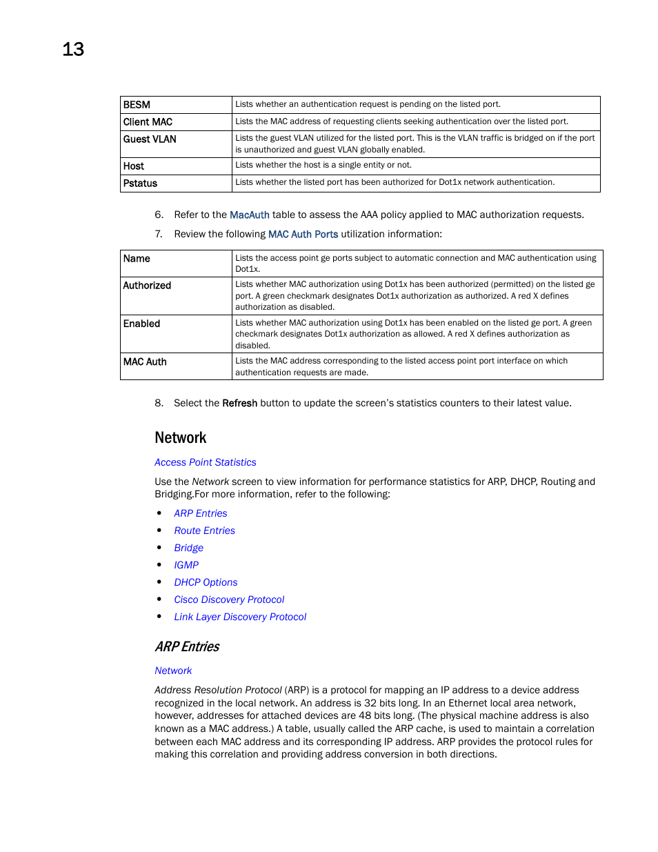 Network, Arp entries | Brocade Mobility Access Point System Reference Guide (Supporting software release 5.5.0.0 and later) User Manual | Page 806 / 854