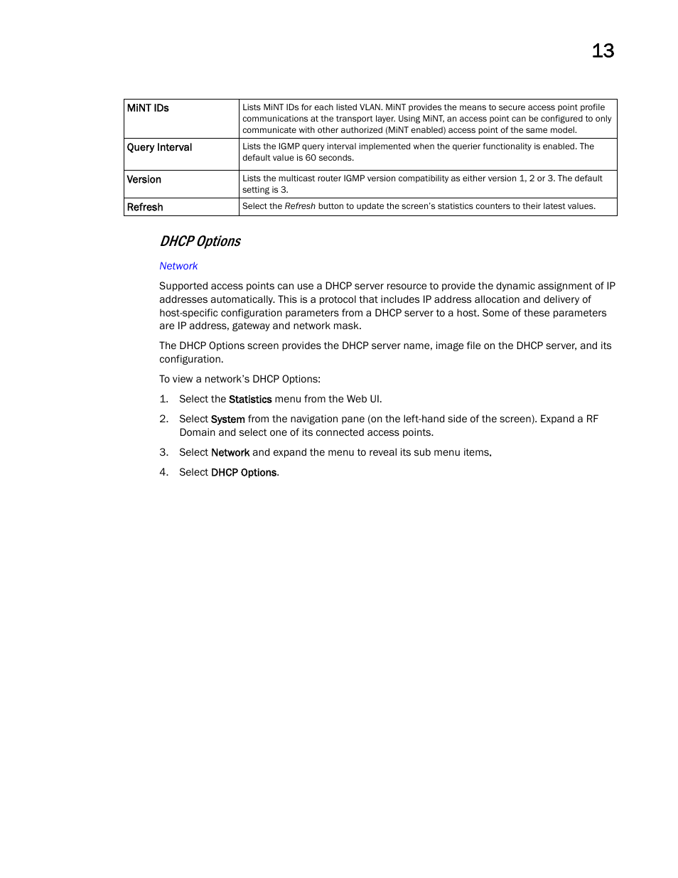 Dhcp options | Brocade Mobility Access Point System Reference Guide (Supporting software release 5.5.0.0 and later) User Manual | Page 811 / 854