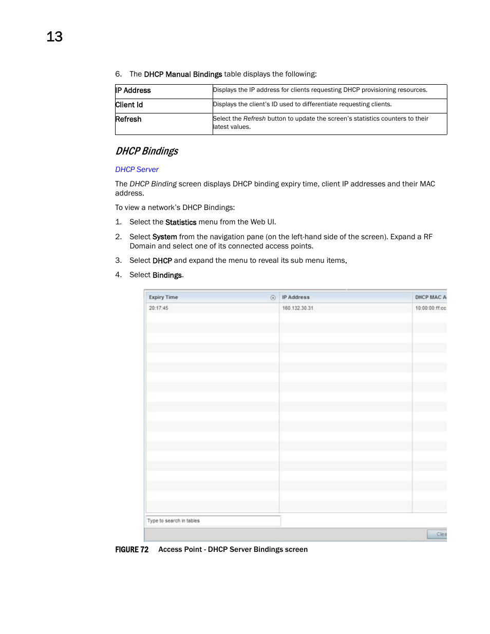 Dhcp bindings | Brocade Mobility Access Point System Reference Guide (Supporting software release 5.5.0.0 and later) User Manual | Page 816 / 854