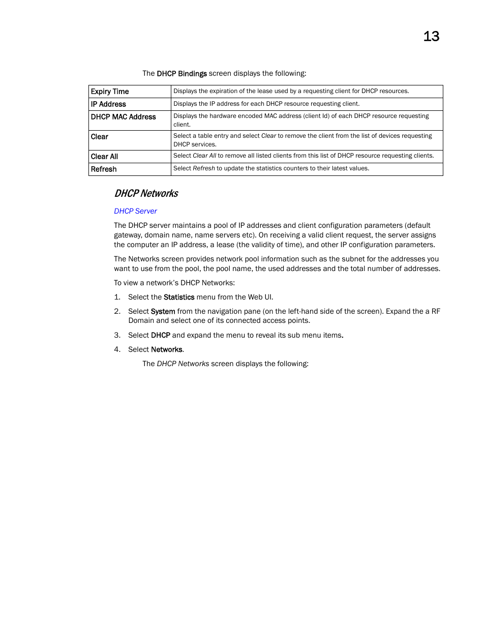 Dhcp networks | Brocade Mobility Access Point System Reference Guide (Supporting software release 5.5.0.0 and later) User Manual | Page 817 / 854