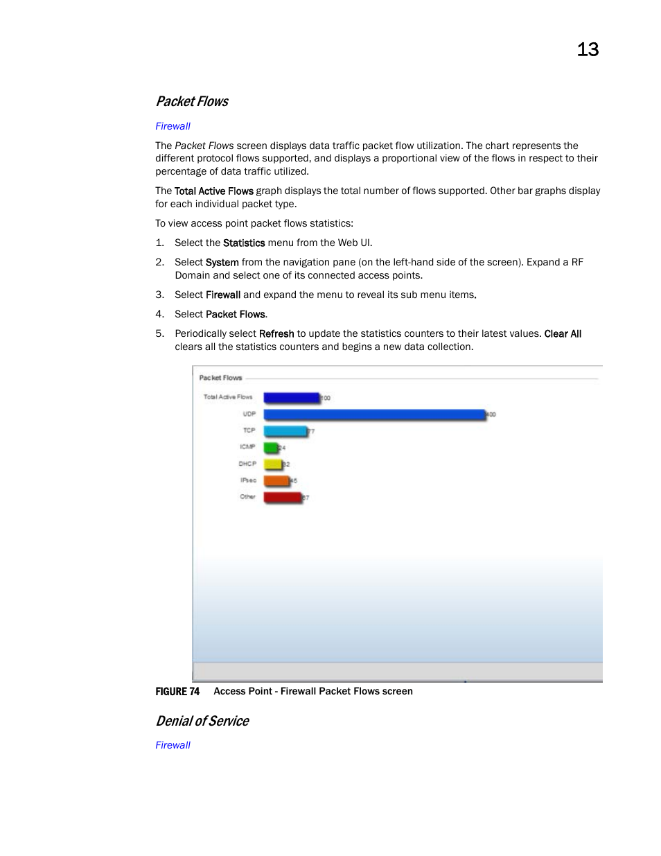 Packet flows, Denial of service | Brocade Mobility Access Point System Reference Guide (Supporting software release 5.5.0.0 and later) User Manual | Page 819 / 854