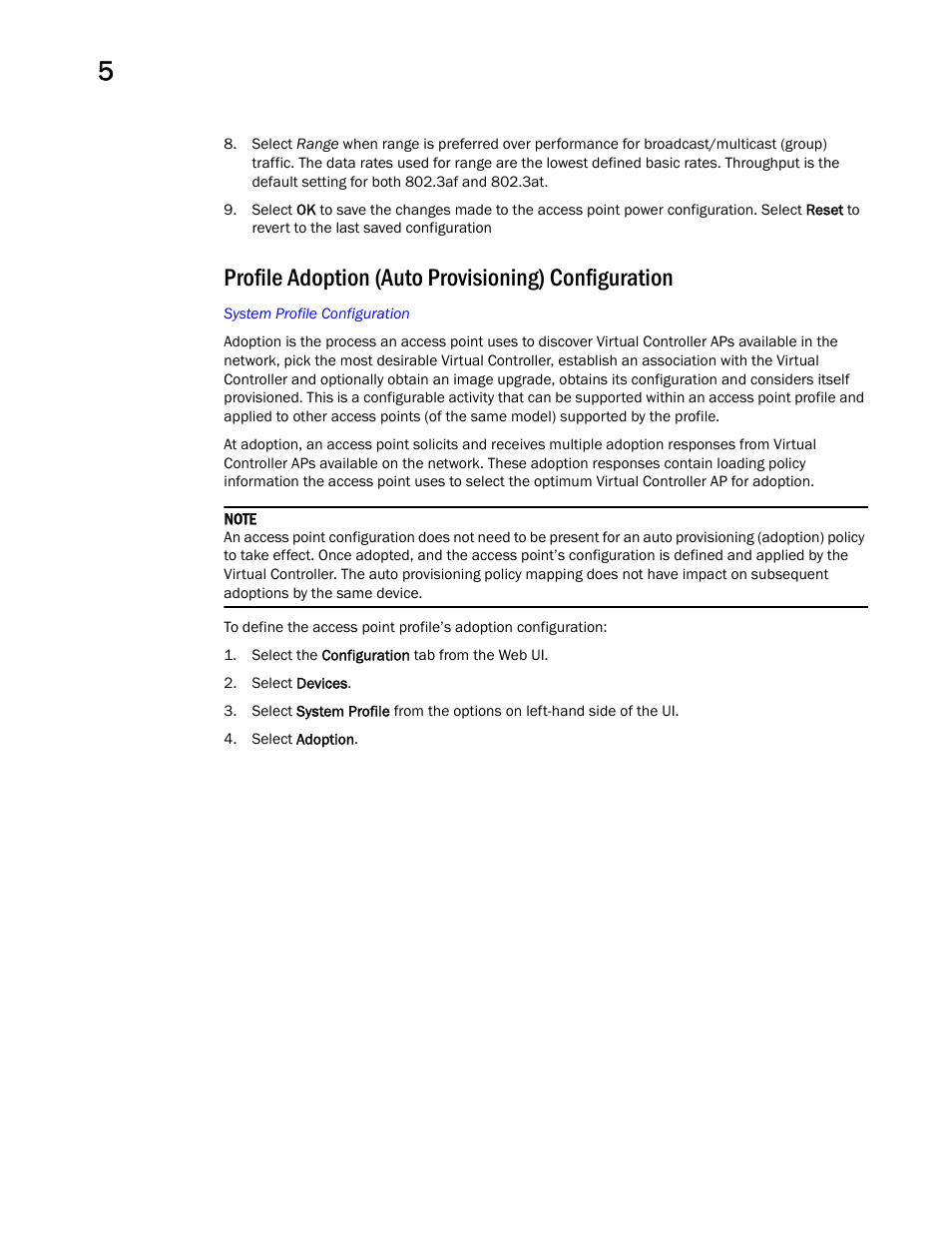 Profile adoption (auto provisioning) configuration | Brocade Mobility Access Point System Reference Guide (Supporting software release 5.5.0.0 and later) User Manual | Page 82 / 854