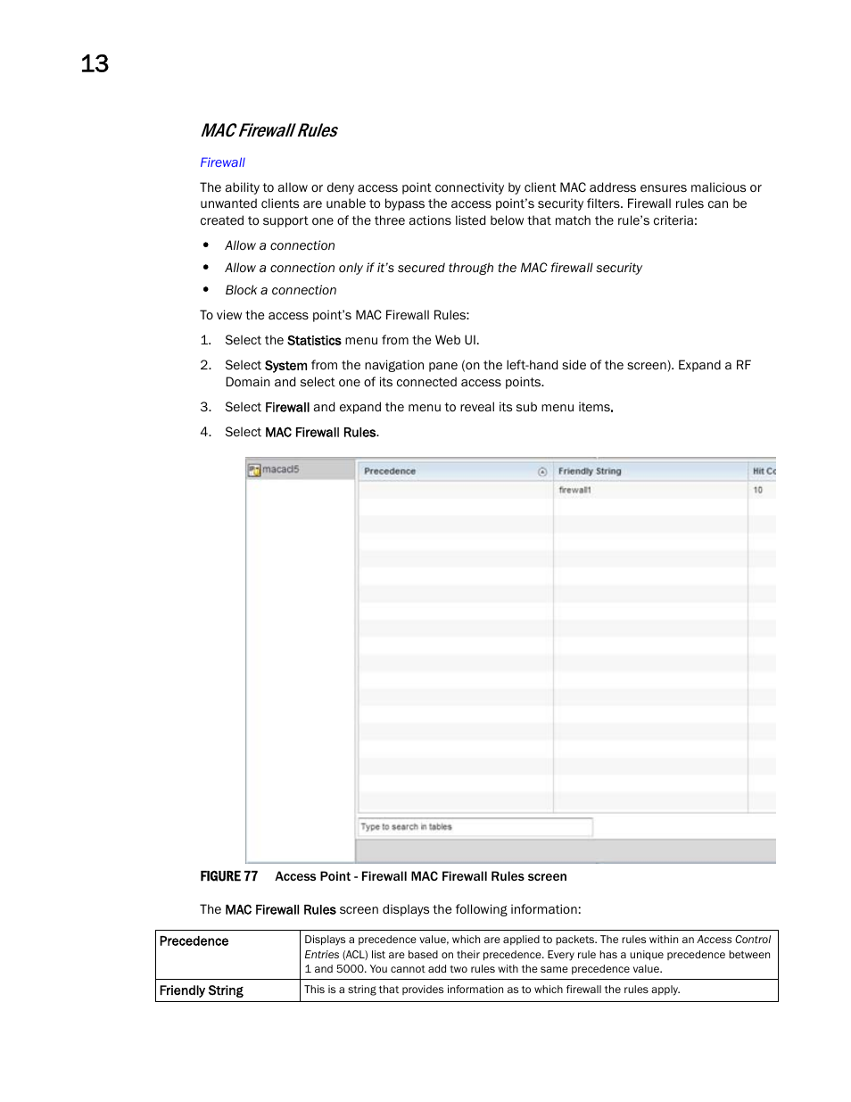 Mac firewall rules | Brocade Mobility Access Point System Reference Guide (Supporting software release 5.5.0.0 and later) User Manual | Page 822 / 854