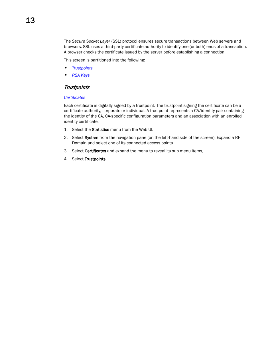 Trustpoints | Brocade Mobility Access Point System Reference Guide (Supporting software release 5.5.0.0 and later) User Manual | Page 828 / 854