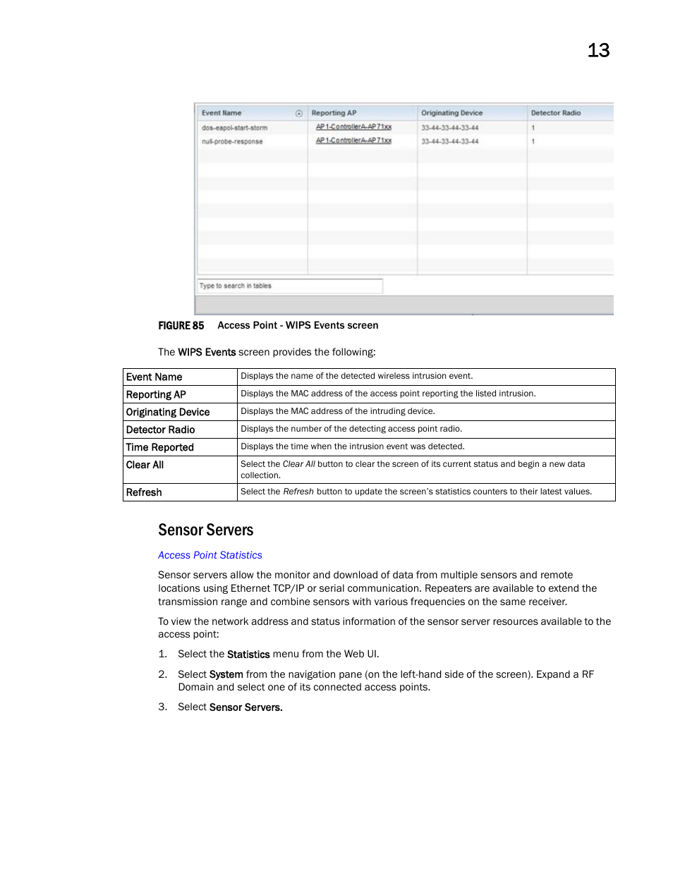 Sensor servers | Brocade Mobility Access Point System Reference Guide (Supporting software release 5.5.0.0 and later) User Manual | Page 833 / 854