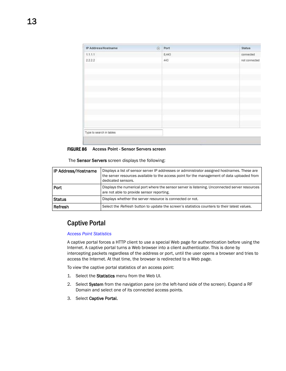 Captive portal | Brocade Mobility Access Point System Reference Guide (Supporting software release 5.5.0.0 and later) User Manual | Page 834 / 854