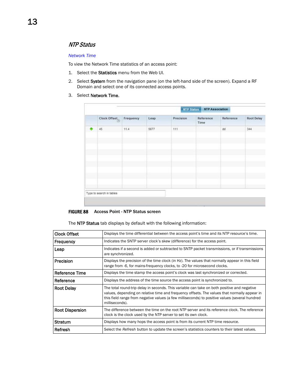 Ntp status | Brocade Mobility Access Point System Reference Guide (Supporting software release 5.5.0.0 and later) User Manual | Page 836 / 854