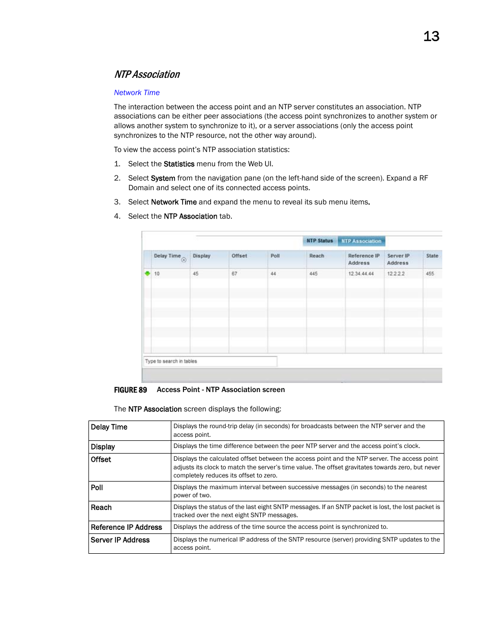 Ntp association | Brocade Mobility Access Point System Reference Guide (Supporting software release 5.5.0.0 and later) User Manual | Page 837 / 854