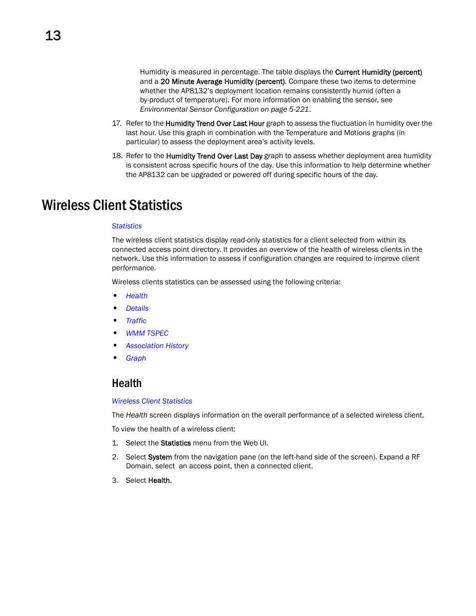 Wireless client statistics, Health | Brocade Mobility Access Point System Reference Guide (Supporting software release 5.5.0.0 and later) User Manual | Page 844 / 854