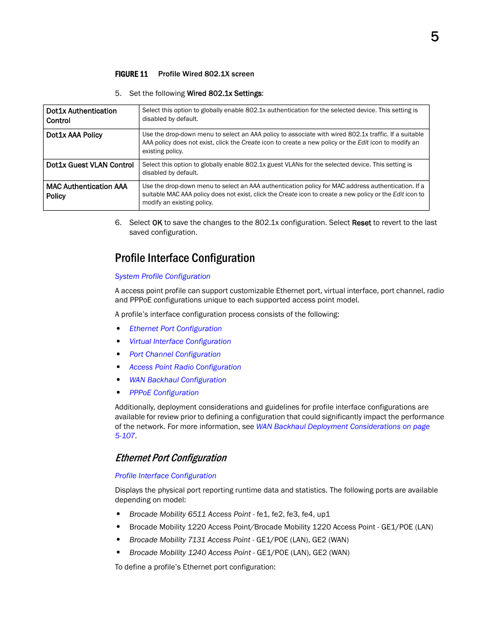 Profile interface configuration, Ethernet port configuration | Brocade Mobility Access Point System Reference Guide (Supporting software release 5.5.0.0 and later) User Manual | Page 85 / 854