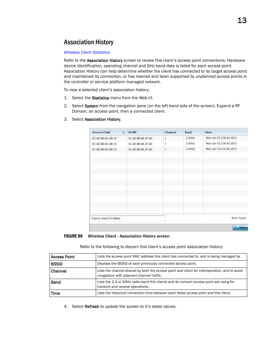Association history | Brocade Mobility Access Point System Reference Guide (Supporting software release 5.5.0.0 and later) User Manual | Page 853 / 854