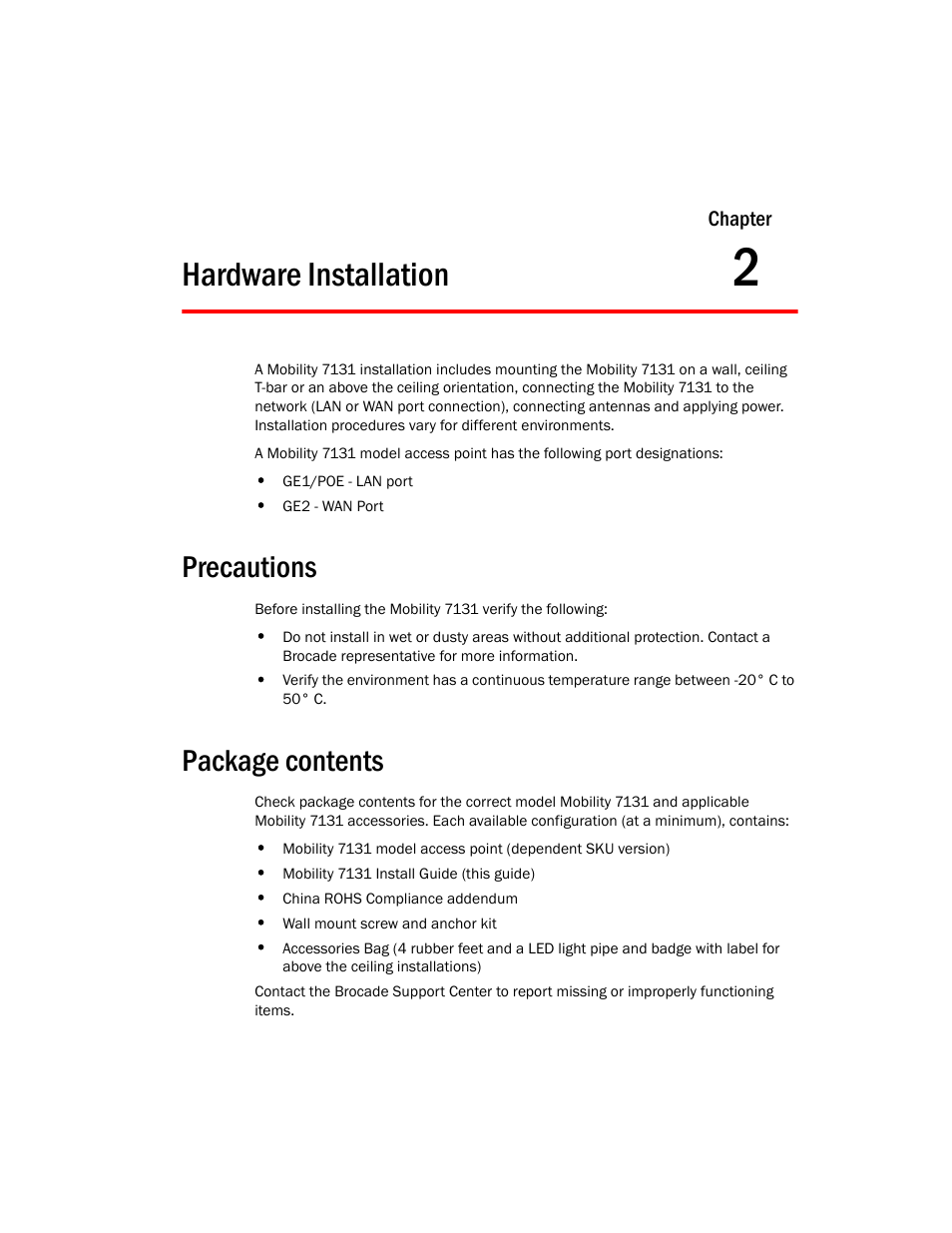 Hardware installation, Precautions, Package contents | 2 hardware installation, Precautions package contents | Brocade Mobility 7131 Installation Guide - Dependent Mode (Supporting software release 4.1.0.0 and later) User Manual | Page 11 / 52