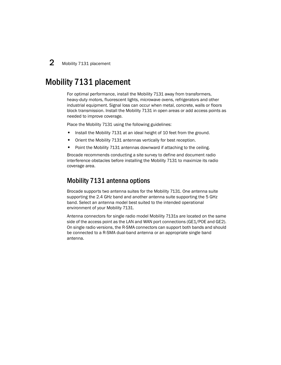 Mobility 7131 placement, Mobility 7131 antenna options | Brocade Mobility 7131 Installation Guide - Dependent Mode (Supporting software release 4.1.0.0 and later) User Manual | Page 12 / 52