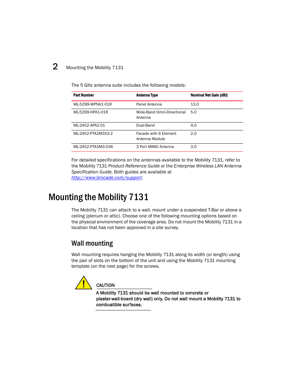 Mounting the mobility 7131, Wall mounting | Brocade Mobility 7131 Installation Guide - Dependent Mode (Supporting software release 4.1.0.0 and later) User Manual | Page 14 / 52