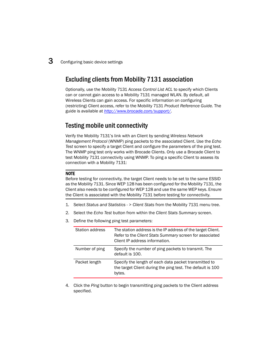Excluding clients from mobility 7131 association, Testing mobile unit connectivity | Brocade Mobility 7131 Installation Guide - Dependent Mode (Supporting software release 4.1.0.0 and later) User Manual | Page 40 / 52
