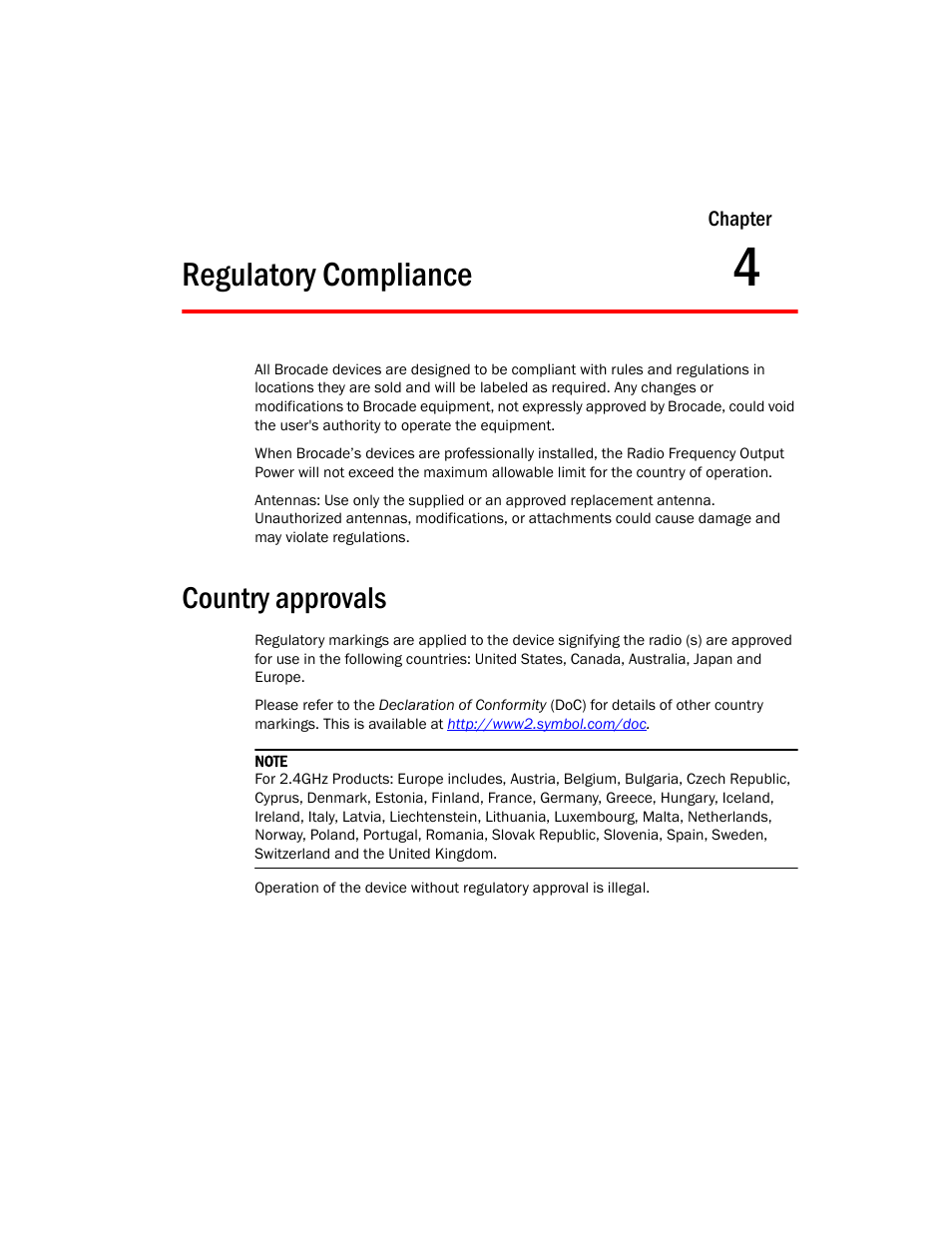 Regulatory compliance, Country approvals, 4 regulatory compliance | Brocade Mobility 7131 Installation Guide - Dependent Mode (Supporting software release 4.1.0.0 and later) User Manual | Page 43 / 52