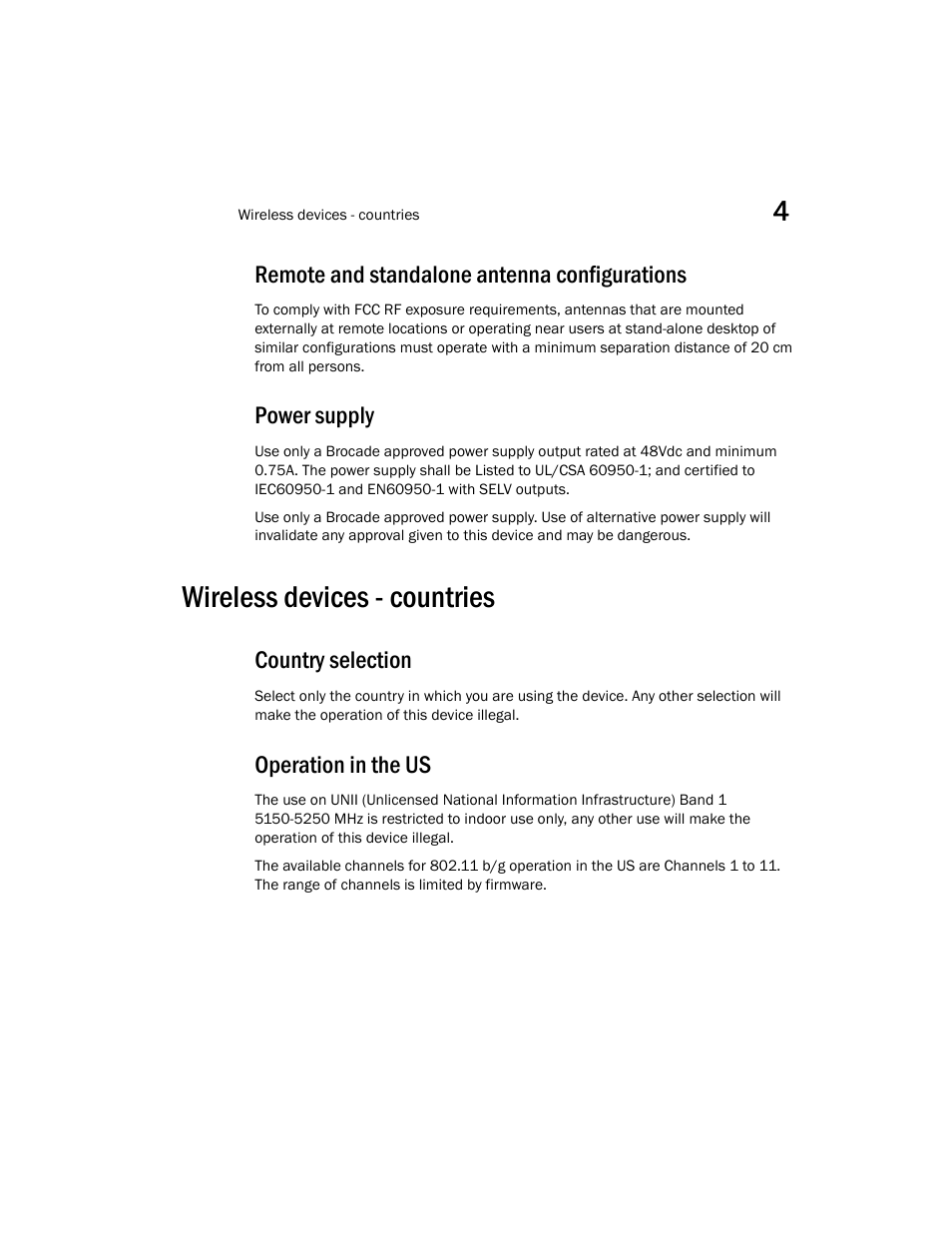 Remote and standalone antenna configurations, Power supply, Wireless devices - countries | Country selection, Operation in the us, Country selection operation in the us | Brocade Mobility 7131 Installation Guide - Dependent Mode (Supporting software release 4.1.0.0 and later) User Manual | Page 45 / 52