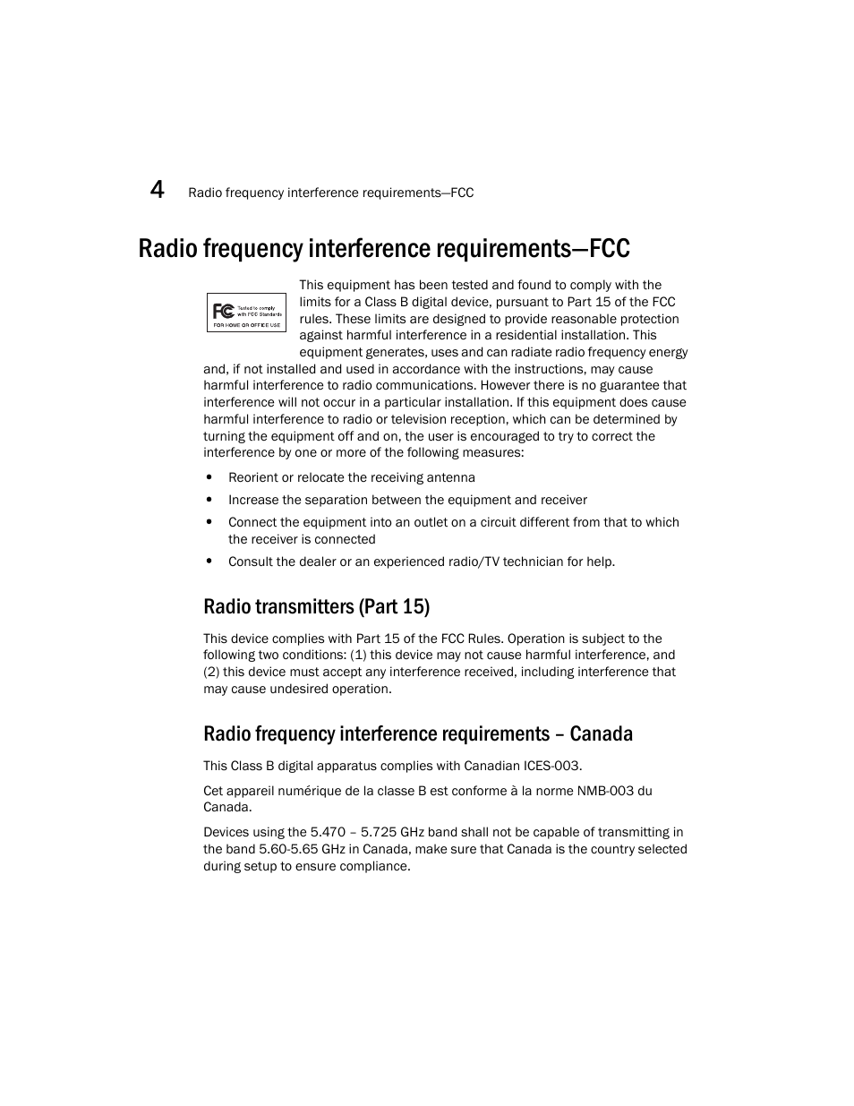 Radio frequency interference requirements—fcc, Radio transmitters (part 15), Radio frequency interference requirements – canada | Brocade Mobility 7131 Installation Guide - Dependent Mode (Supporting software release 4.1.0.0 and later) User Manual | Page 46 / 52