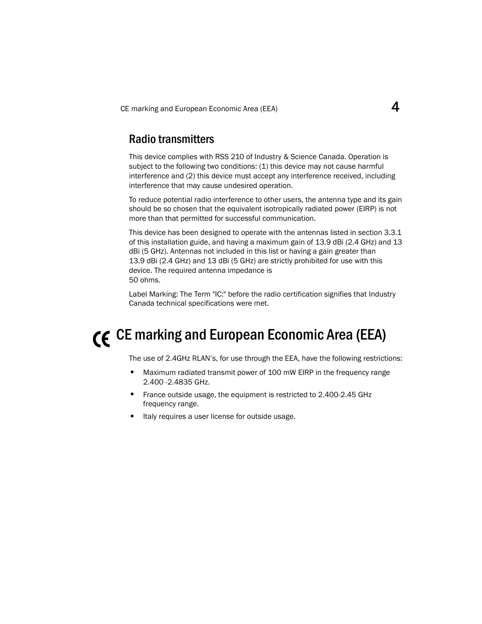 Radio transmitters, Ce marking and european economic area (eea) | Brocade Mobility 7131 Installation Guide - Dependent Mode (Supporting software release 4.1.0.0 and later) User Manual | Page 47 / 52