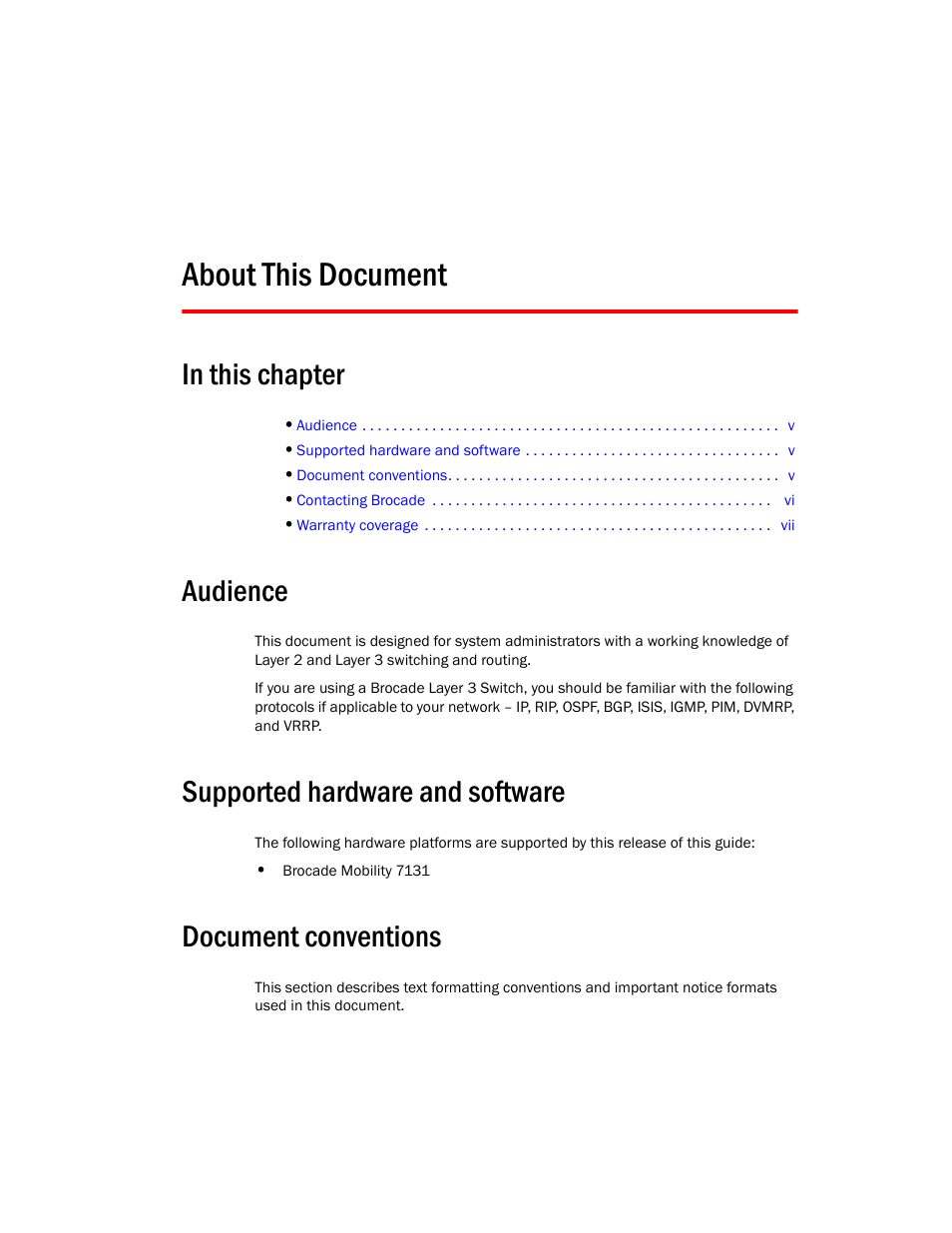 About this document, In this chapter, Audience | Supported hardware and software, Document conventions | Brocade Mobility 7131 Installation Guide - Dependent Mode (Supporting software release 4.1.0.0 and later) User Manual | Page 5 / 52