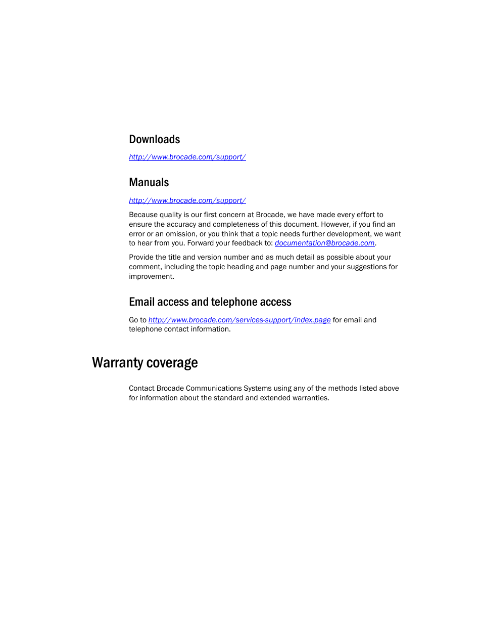 Warranty coverage, Downloads, Manuals | Email access and telephone access | Brocade Mobility 7131 Installation Guide - Dependent Mode (Supporting software release 4.1.0.0 and later) User Manual | Page 7 / 52