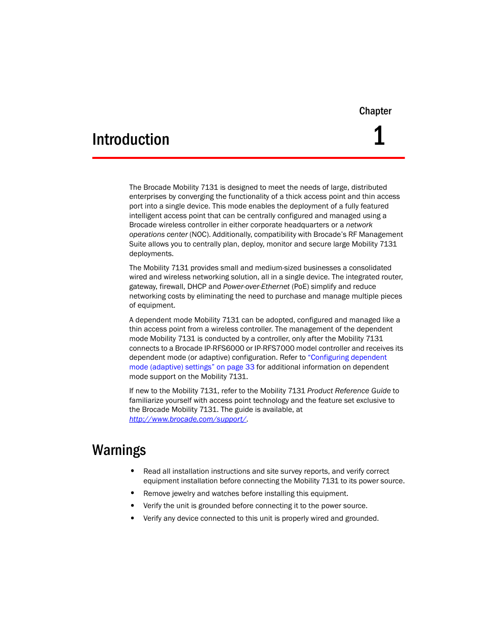 Introduction, Warnings, 1 introduction | Brocade Mobility 7131 Installation Guide - Dependent Mode (Supporting software release 4.1.0.0 and later) User Manual | Page 9 / 52