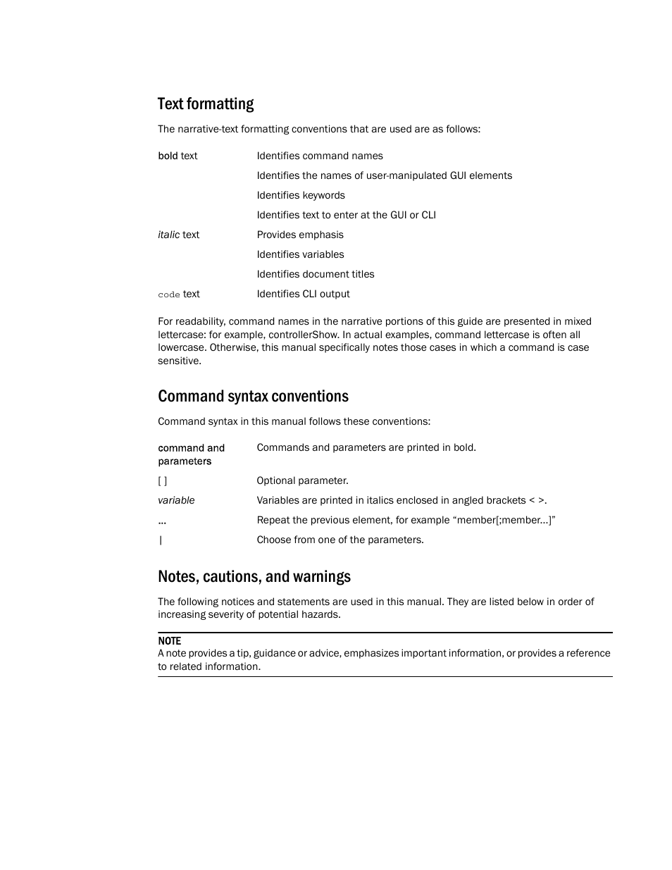 Text formatting, Command syntax conventions | Brocade Mobility 7131N-FGR Access Point Product Reference Guide (Supporting software release 4.0.0.0-35GRN and later) User Manual | Page 10 / 593