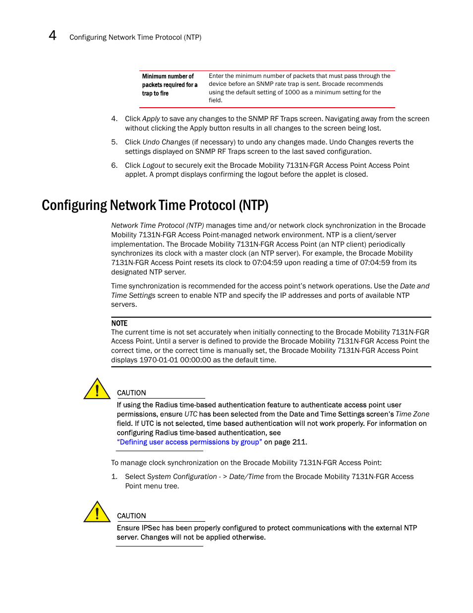 Configuring network time protocol (ntp), Configuring, Network time protocol (ntp) | Configuring network, Time protocol (ntp), Configuring network time, Protocol (ntp) | Brocade Mobility 7131N-FGR Access Point Product Reference Guide (Supporting software release 4.0.0.0-35GRN and later) User Manual | Page 100 / 593