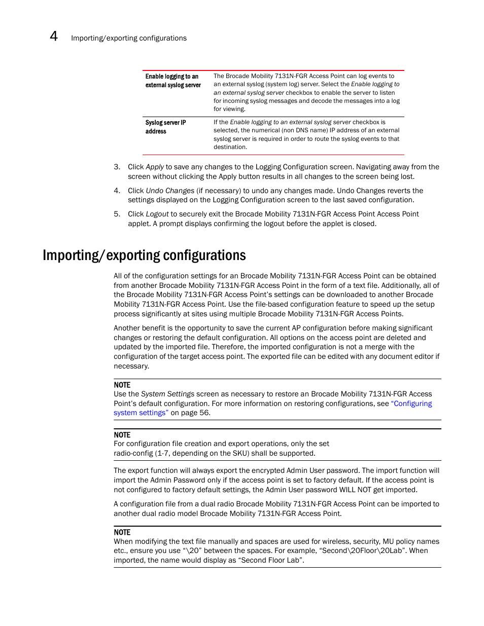 Importing/exporting configurations, Importing/exporting, Configurations | Brocade Mobility 7131N-FGR Access Point Product Reference Guide (Supporting software release 4.0.0.0-35GRN and later) User Manual | Page 104 / 593