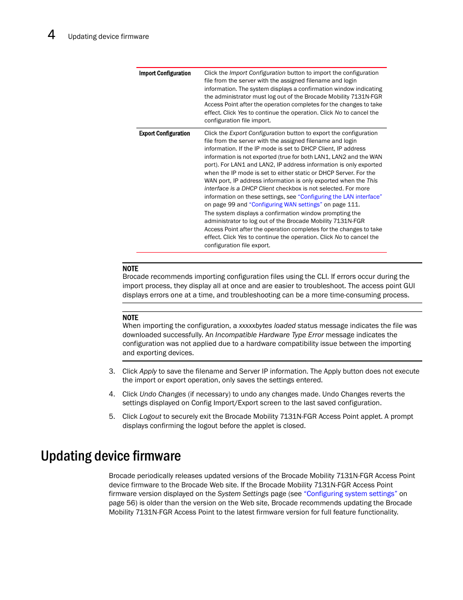 Updating device firmware | Brocade Mobility 7131N-FGR Access Point Product Reference Guide (Supporting software release 4.0.0.0-35GRN and later) User Manual | Page 106 / 593