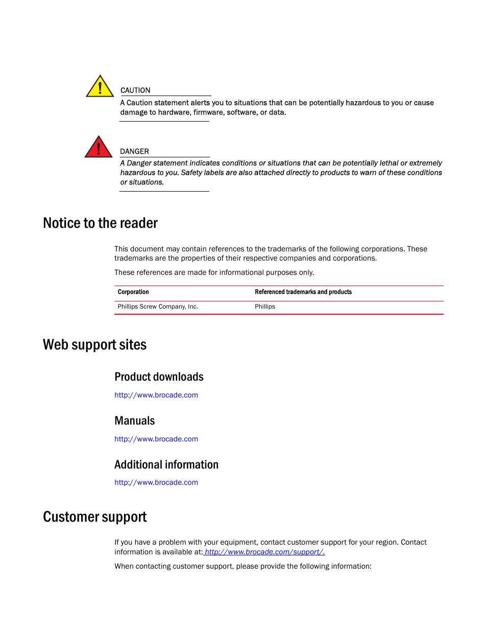 Notice to the reader, Web support sites, Customer support | Product downloads, Manuals, Additional information | Brocade Mobility 7131N-FGR Access Point Product Reference Guide (Supporting software release 4.0.0.0-35GRN and later) User Manual | Page 11 / 593