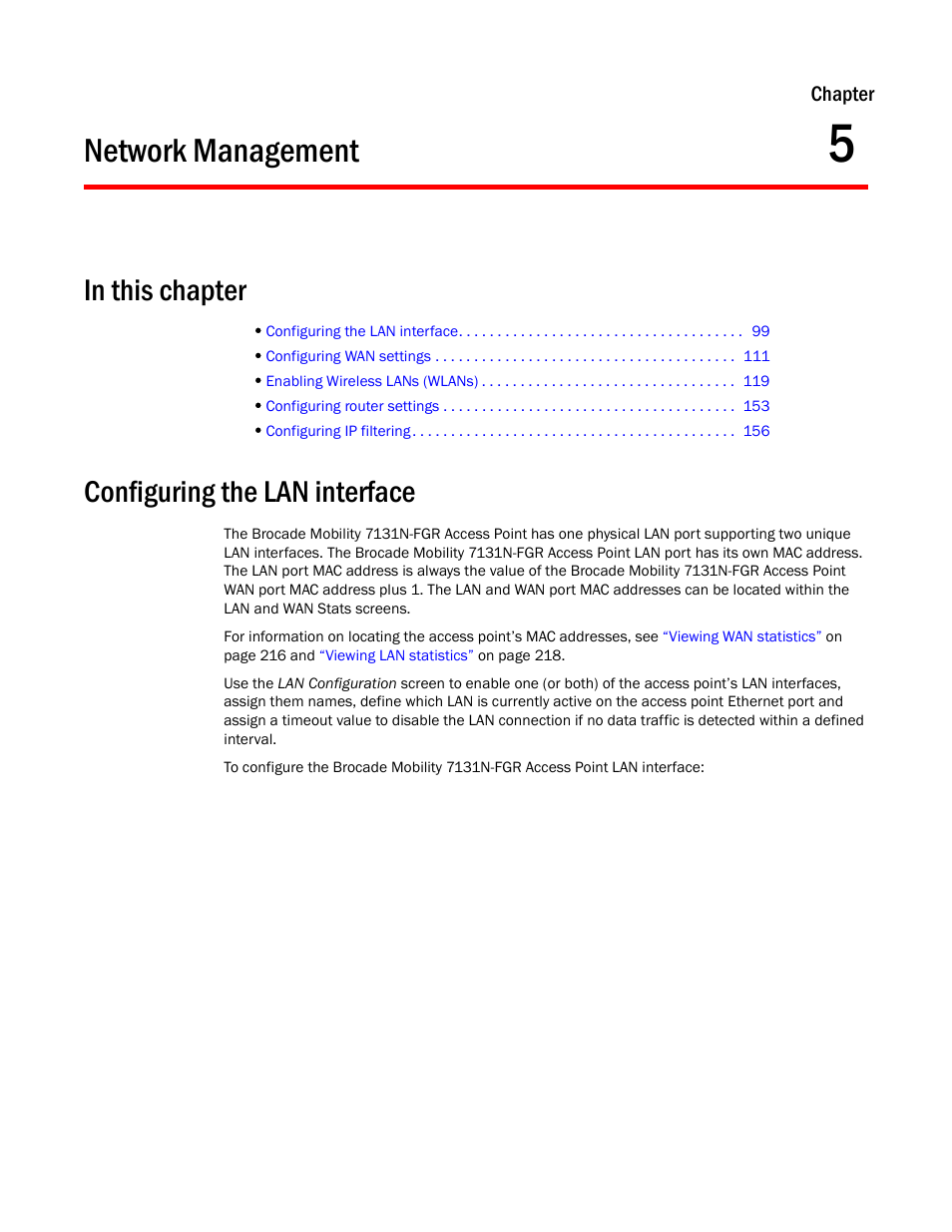 Network management, Configuring the lan interface, 5 network management | Configuring the lan, Interface | Brocade Mobility 7131N-FGR Access Point Product Reference Guide (Supporting software release 4.0.0.0-35GRN and later) User Manual | Page 111 / 593