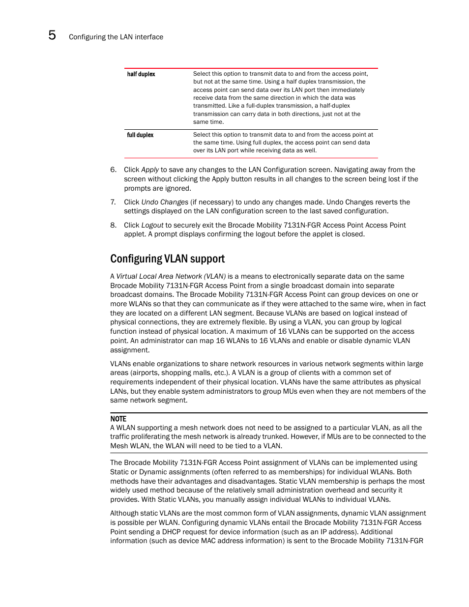 Configuring vlan support, Configuring vlan, Support | Brocade Mobility 7131N-FGR Access Point Product Reference Guide (Supporting software release 4.0.0.0-35GRN and later) User Manual | Page 114 / 593