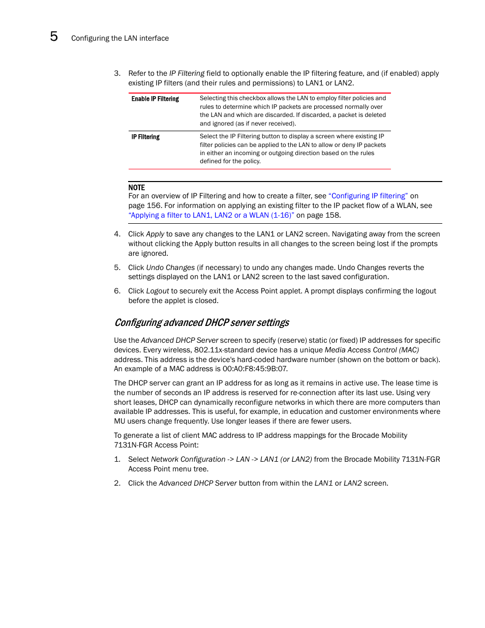 Configuring advanced dhcp, Server settings, Configuring advanced dhcp server | Settings, Configuring advanced dhcp server settings | Brocade Mobility 7131N-FGR Access Point Product Reference Guide (Supporting software release 4.0.0.0-35GRN and later) User Manual | Page 120 / 593