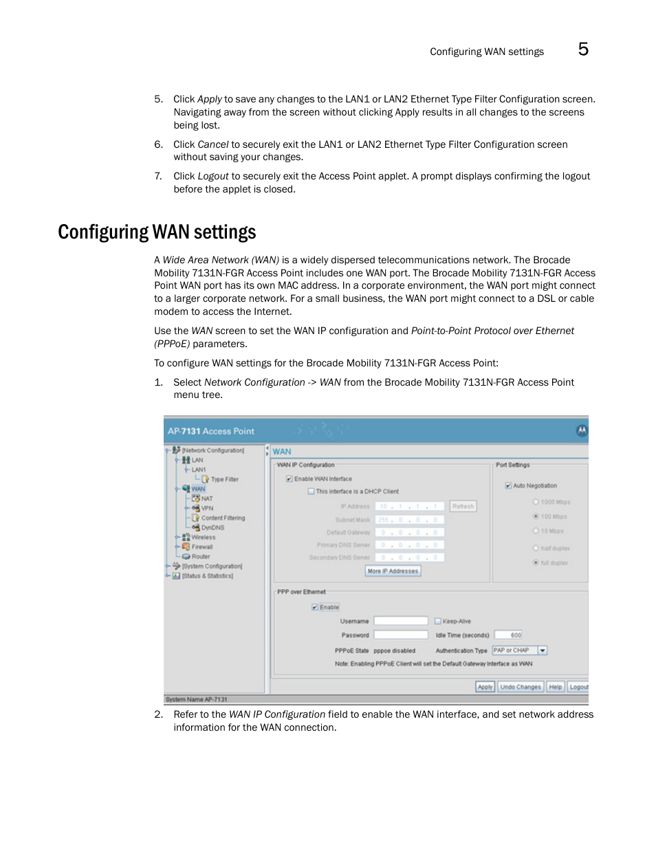 Configuring wan settings, Configuring wan, Settings | Brocade Mobility 7131N-FGR Access Point Product Reference Guide (Supporting software release 4.0.0.0-35GRN and later) User Manual | Page 123 / 593