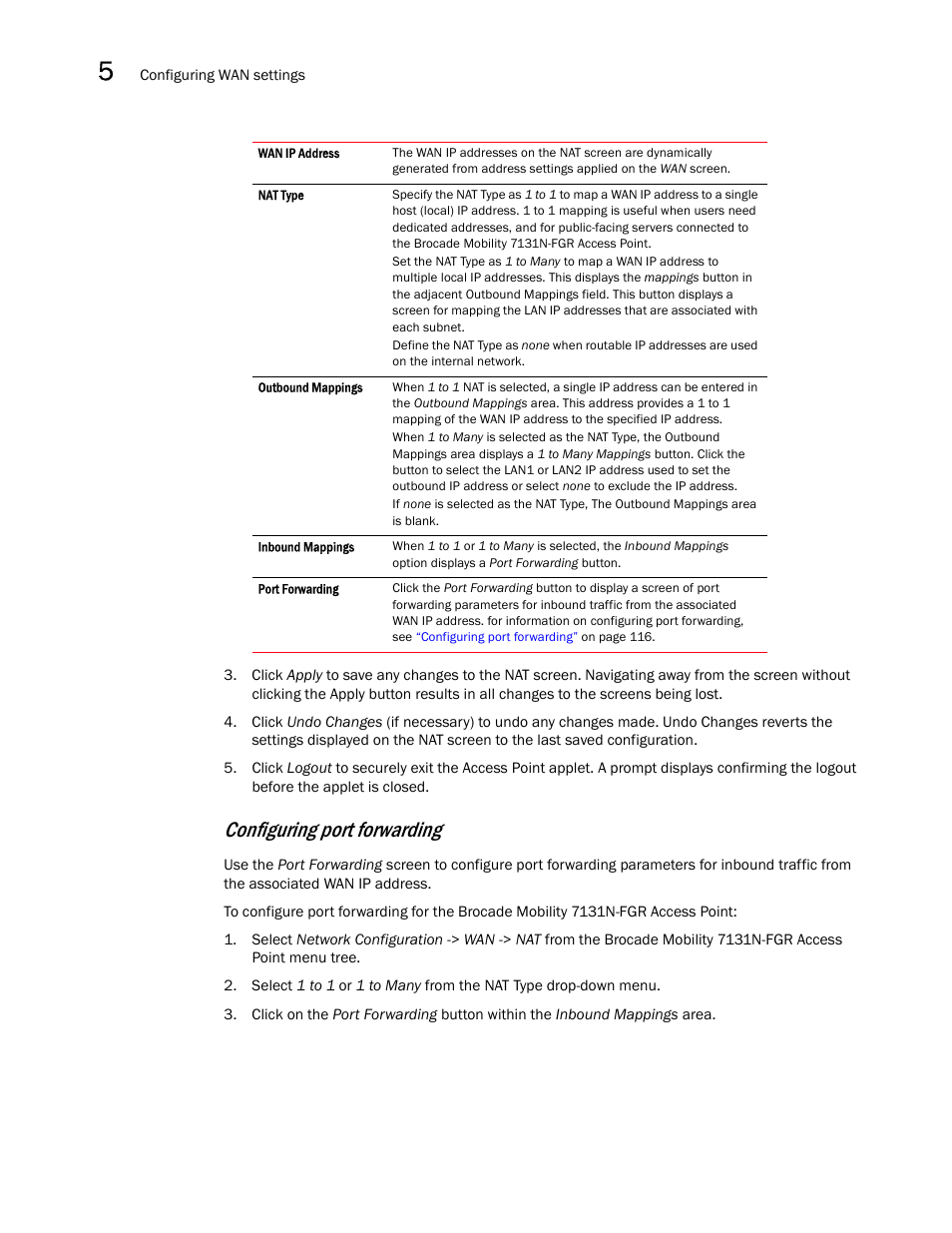 Configuring port forwarding | Brocade Mobility 7131N-FGR Access Point Product Reference Guide (Supporting software release 4.0.0.0-35GRN and later) User Manual | Page 128 / 593