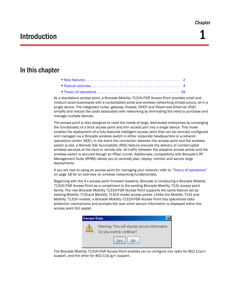 Introduction, 1 introduction | Brocade Mobility 7131N-FGR Access Point Product Reference Guide (Supporting software release 4.0.0.0-35GRN and later) User Manual | Page 13 / 593