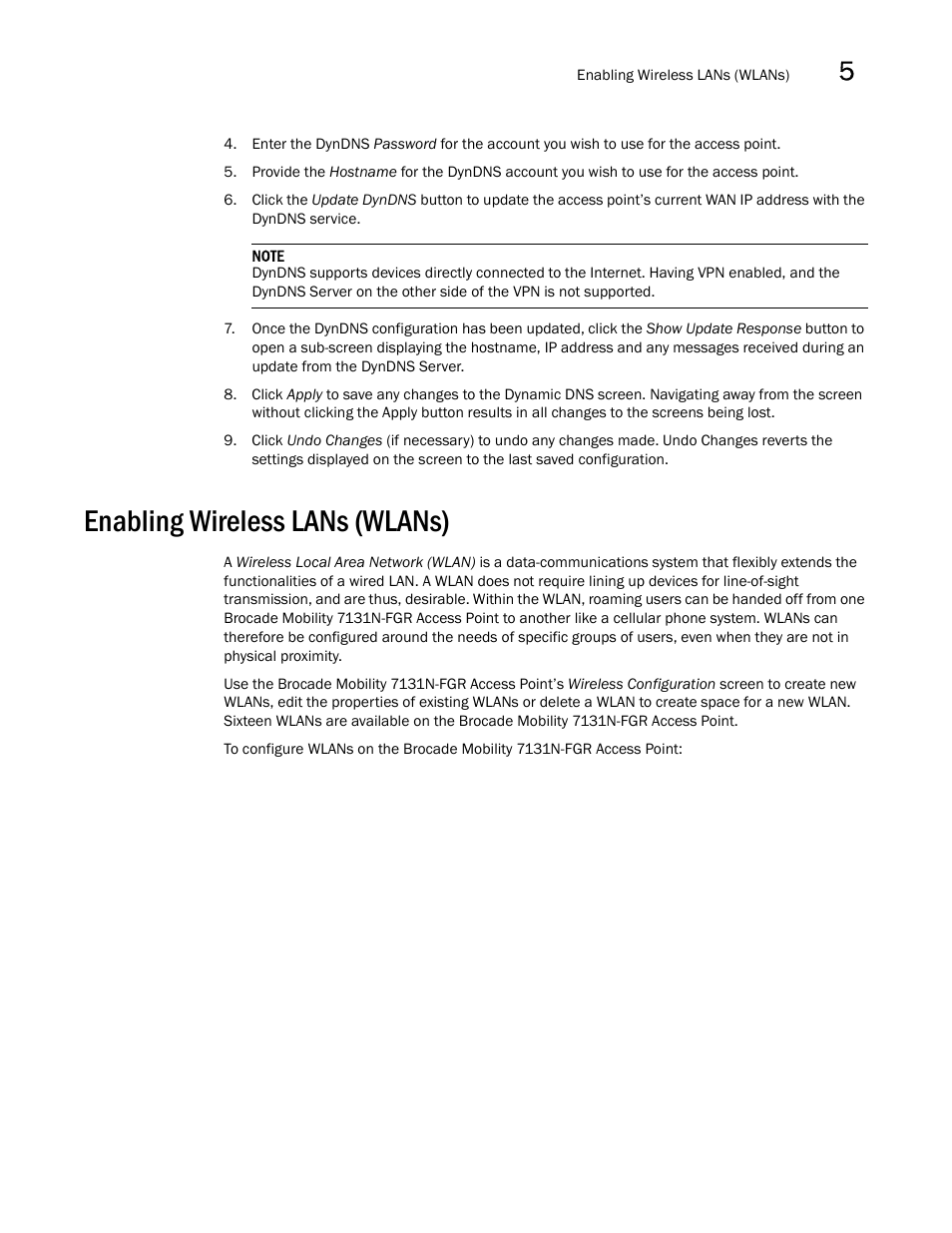 Enabling wireless lans (wlans) | Brocade Mobility 7131N-FGR Access Point Product Reference Guide (Supporting software release 4.0.0.0-35GRN and later) User Manual | Page 131 / 593