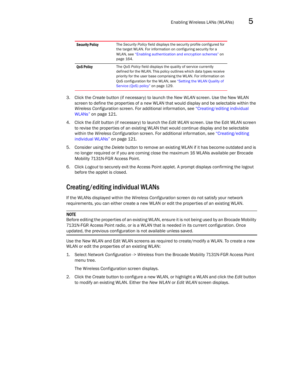 Creating/editing individual wlans, Creating/editing, Individual wlans | Brocade Mobility 7131N-FGR Access Point Product Reference Guide (Supporting software release 4.0.0.0-35GRN and later) User Manual | Page 133 / 593