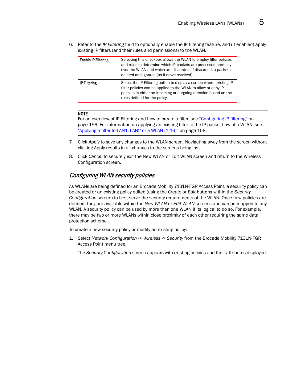 Configuring wlan security policies | Brocade Mobility 7131N-FGR Access Point Product Reference Guide (Supporting software release 4.0.0.0-35GRN and later) User Manual | Page 137 / 593
