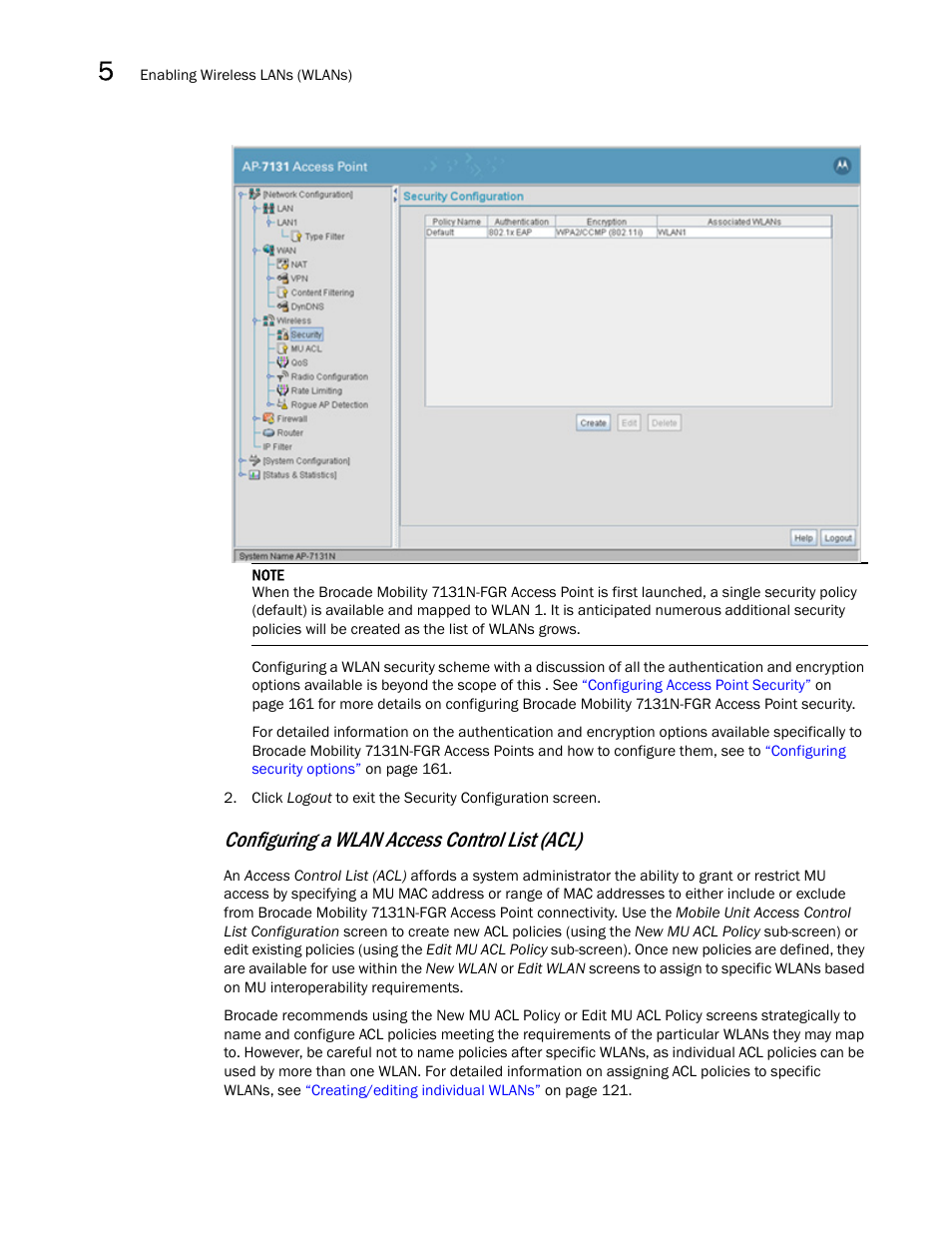 Configuring a wlan access control list (acl) | Brocade Mobility 7131N-FGR Access Point Product Reference Guide (Supporting software release 4.0.0.0-35GRN and later) User Manual | Page 138 / 593