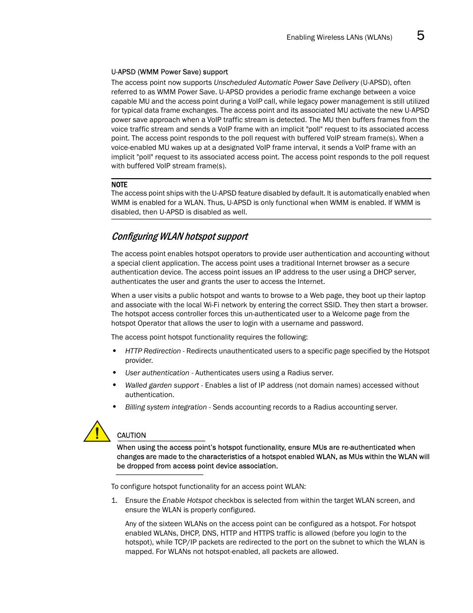 Configuring, Wlan hotspot support, Configuring wlan hotspot support | Brocade Mobility 7131N-FGR Access Point Product Reference Guide (Supporting software release 4.0.0.0-35GRN and later) User Manual | Page 145 / 593