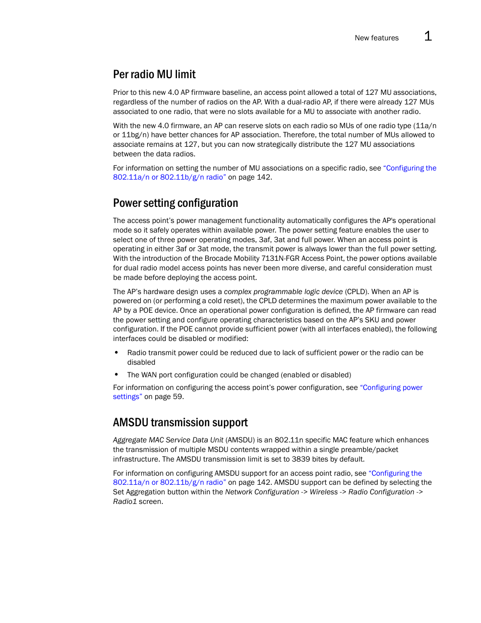 Per radio mu limit, Power setting configuration, Amsdu transmission support | Brocade Mobility 7131N-FGR Access Point Product Reference Guide (Supporting software release 4.0.0.0-35GRN and later) User Manual | Page 15 / 593